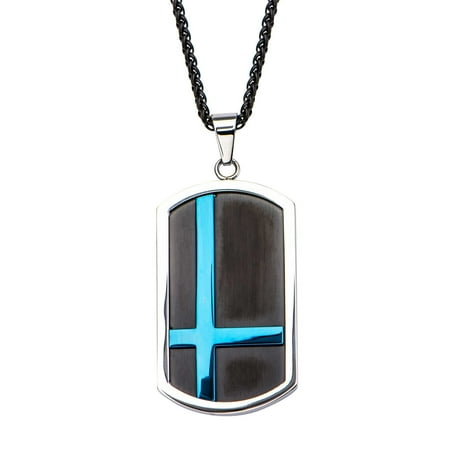 Linked Long Necklace - Inox Adult Stainless Steel Blue IP Line in Black IP Dog Tag Pendant with Matte Black Round Wheat Chain. 24 inch long