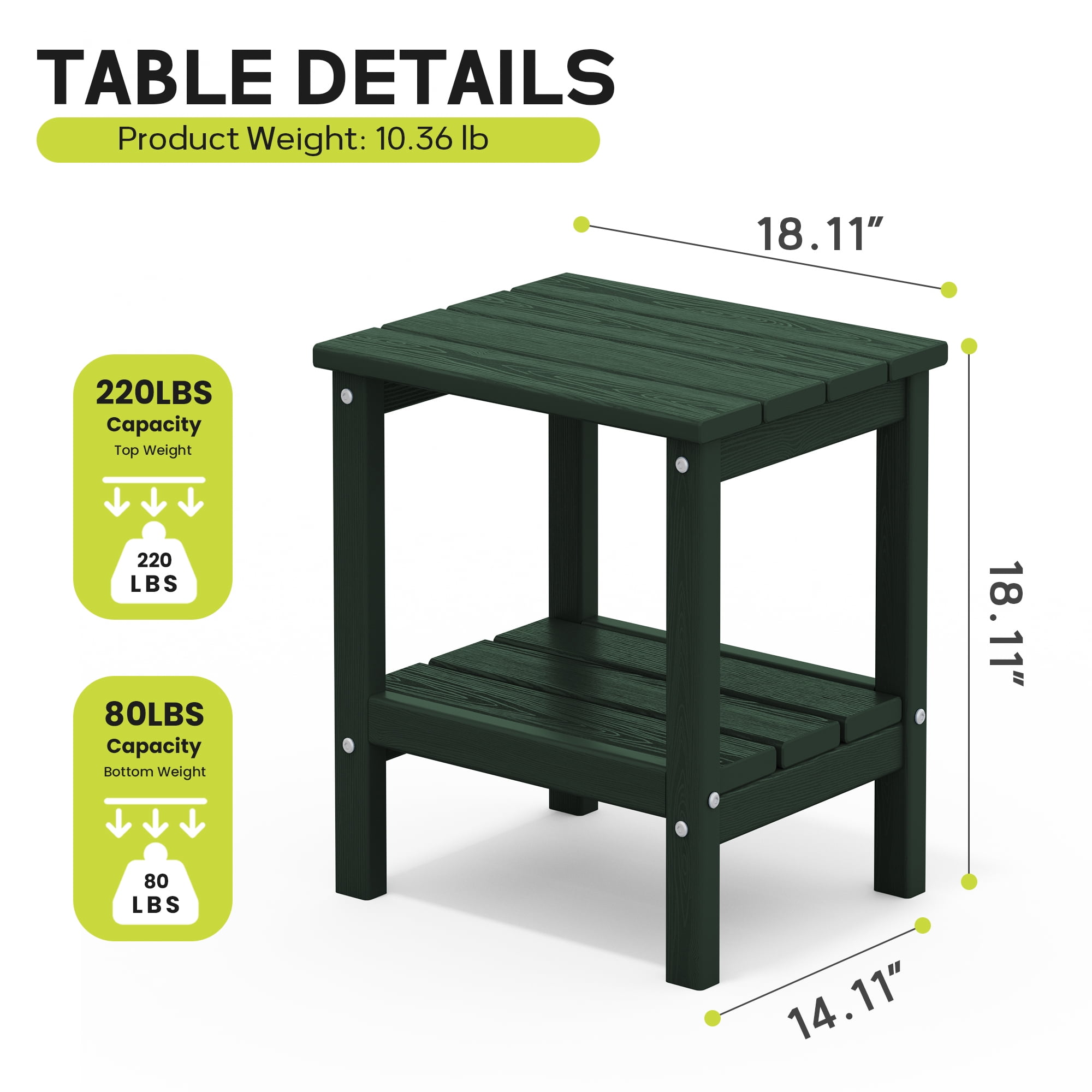 FUNDAZE HDPE 2-Layer End Table for Living Room, Outdoor Side Table, Patio Small End Table, Dark Green