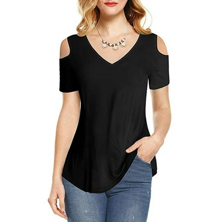 Summer Blouse Short Sleeves Tunic Cold Shoulder Tops Shirts for