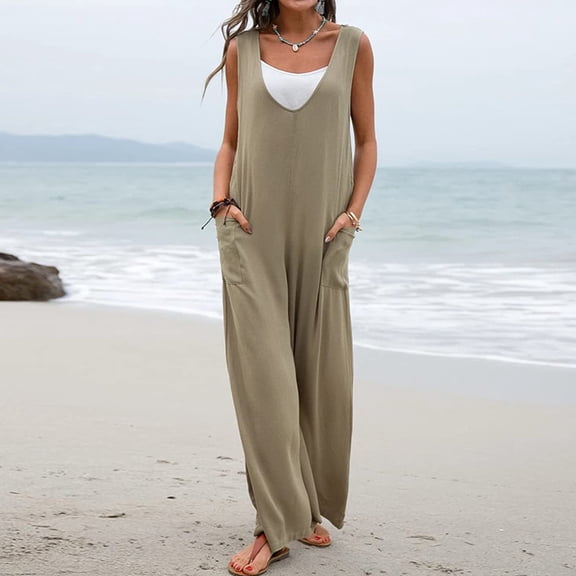 Clearance!lulshou Women Pants Womens Fashion Summer Solid Casual Pocket Sleeveless Suspender Jumpsuit