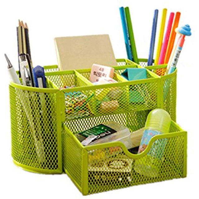 Space Saving Desk Tidy Multi-Functional Metal Wire Mesh 9 Compartment Office/School Supply Desktop Organizer Caddy W/Large Drawer