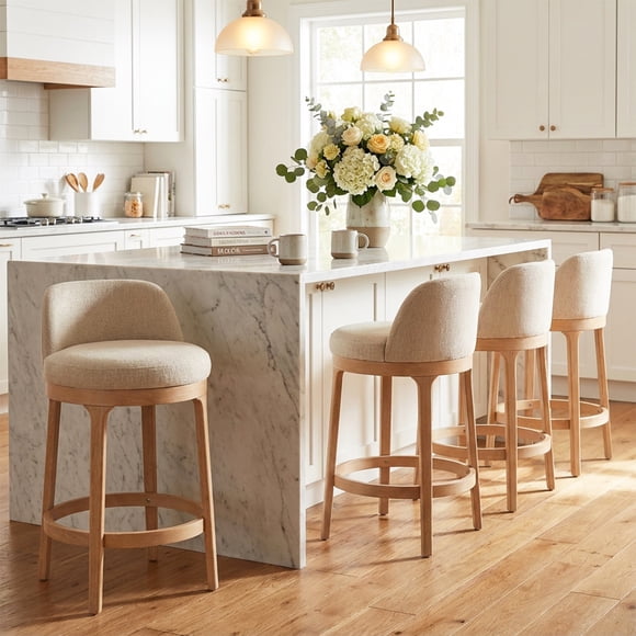 Stool, Indoor Premium Counter Height Bar Stool Set of 4 with natural brushed rubber wood frame and beige upholstered seat, high-grade texture, sturdy structure for home bar decoration