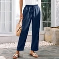 thumbnail image 4 of RYRJJ Women Cotton Linen Pants Lightweight Pants with Lace Side Summer Casual Drawstring Elastic Waist Wide Leg Beach Trousers with Pockets(Navy,3XL), 4 of 9