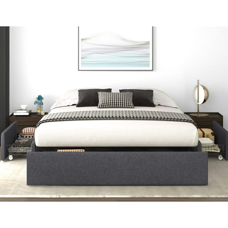 Nextfur Queen Size Platform Bed Frame With 3 Storage Drawers Upholstered Wing Side Panel Design Com Nextfur Queen Size Platform Bed Frame, Allewie Queen Platform Bed Frame With 4 Drawers Storage