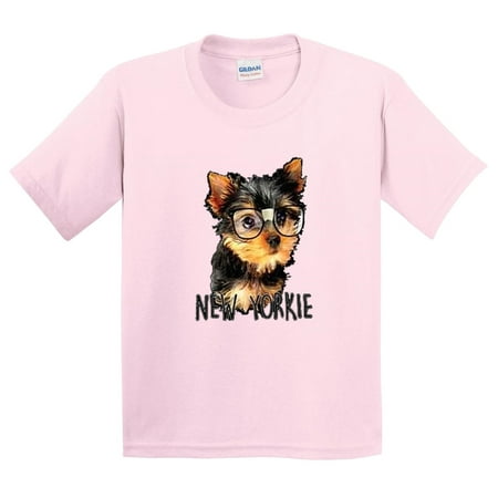 Trendy USA 381 - Youth T-Shirt New York Yorkie Puppy Dog Glasses Small Light Pink