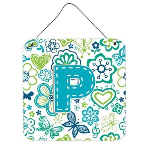 Letter P Flowers And Butterflies Teal Blue Wall and Door Hanging Prints