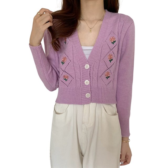 Cardigan Décontracté pour Femmes Y2k Manches Longues Broderie Florale Haut Court Ample