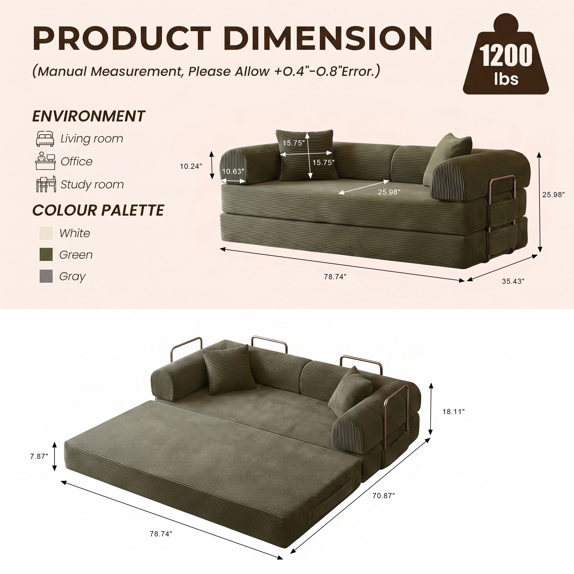 Aukfa 79" Convertible Futon Sofa Bed with Fixed Frame, 5-in-1 Boneless Couch for Living Room, Corduroy, Green