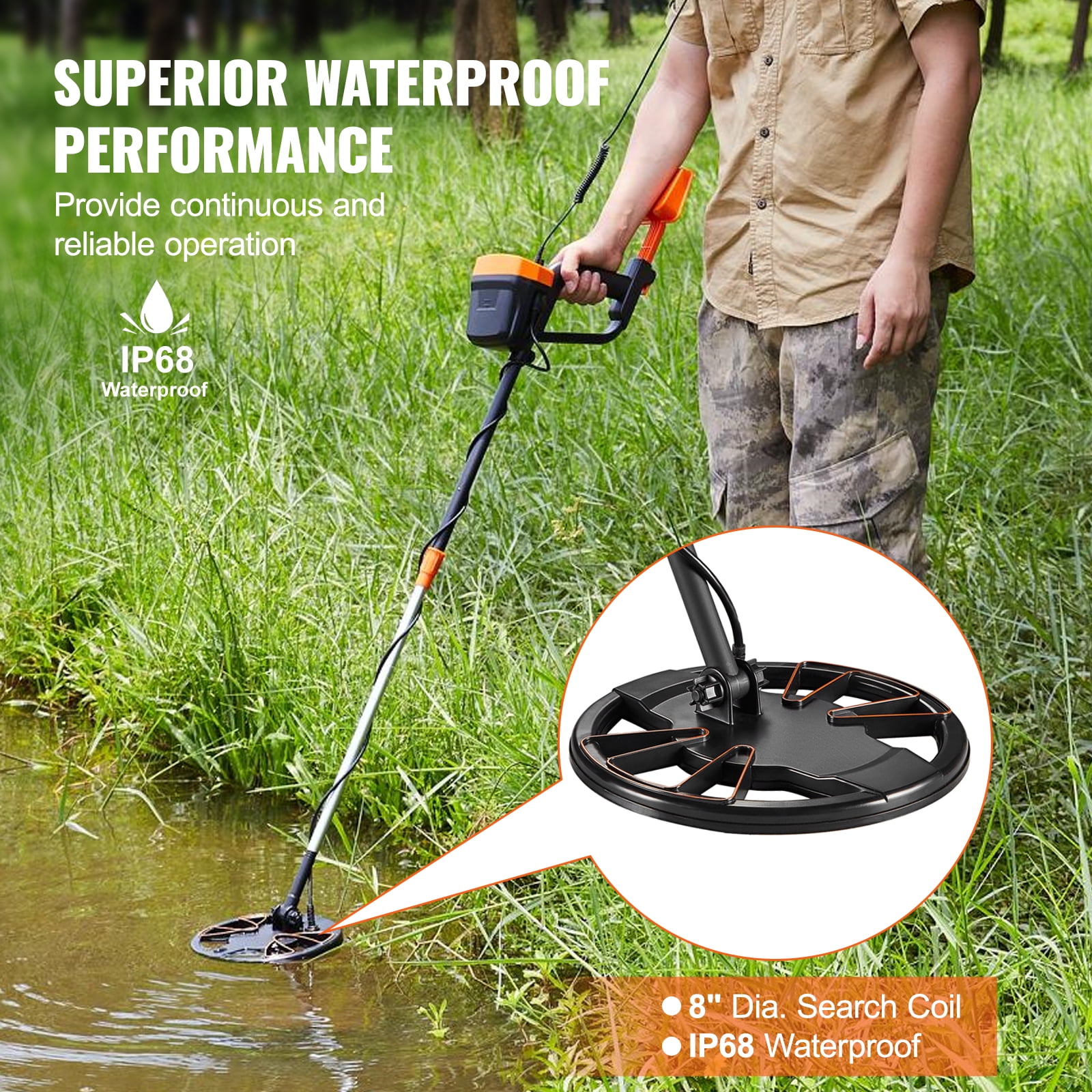 KFFKFF 8" Metal Detector, 38"-49" Adjustable Stem for Kids and Adults, 2 Modes Gold Detector with IP68 Waterproof Coil, Suitable for Beaches, Backyards, Hiking