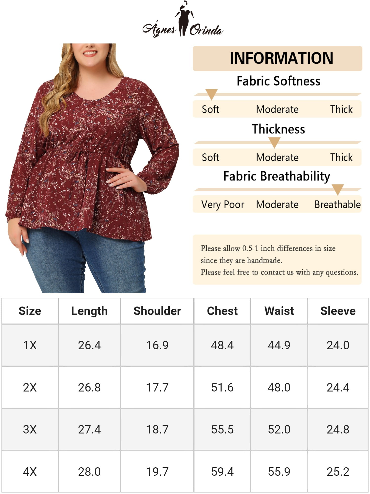 DARING DIVA Women's Plus Size Floral Print Long Sleeve Belt Tie Peplum Top 3X Red