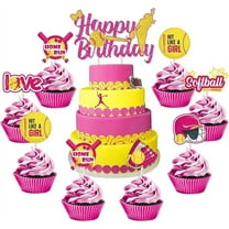 Softball Cake Decorations Glitter with Cake Topper Cupcake Toppers for Girls Sports Player Birthday Party Supplies Pink and Yellow