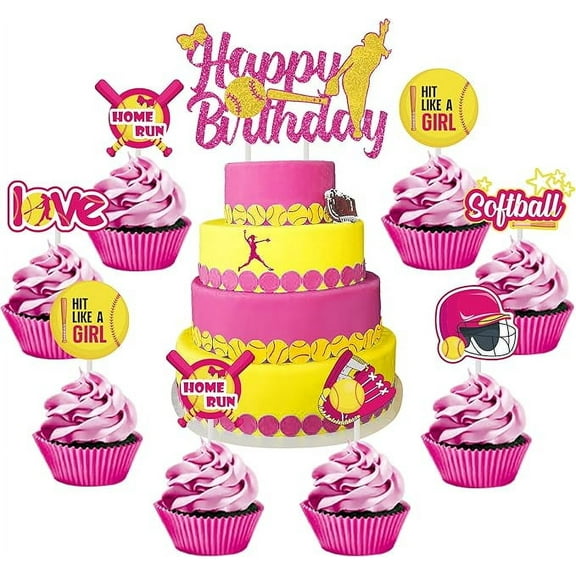 Softball Cake Decorations Glitter with Cake Topper Cupcake Toppers for Girls Sports Player Birthday Party Supplies Pink and Yellow