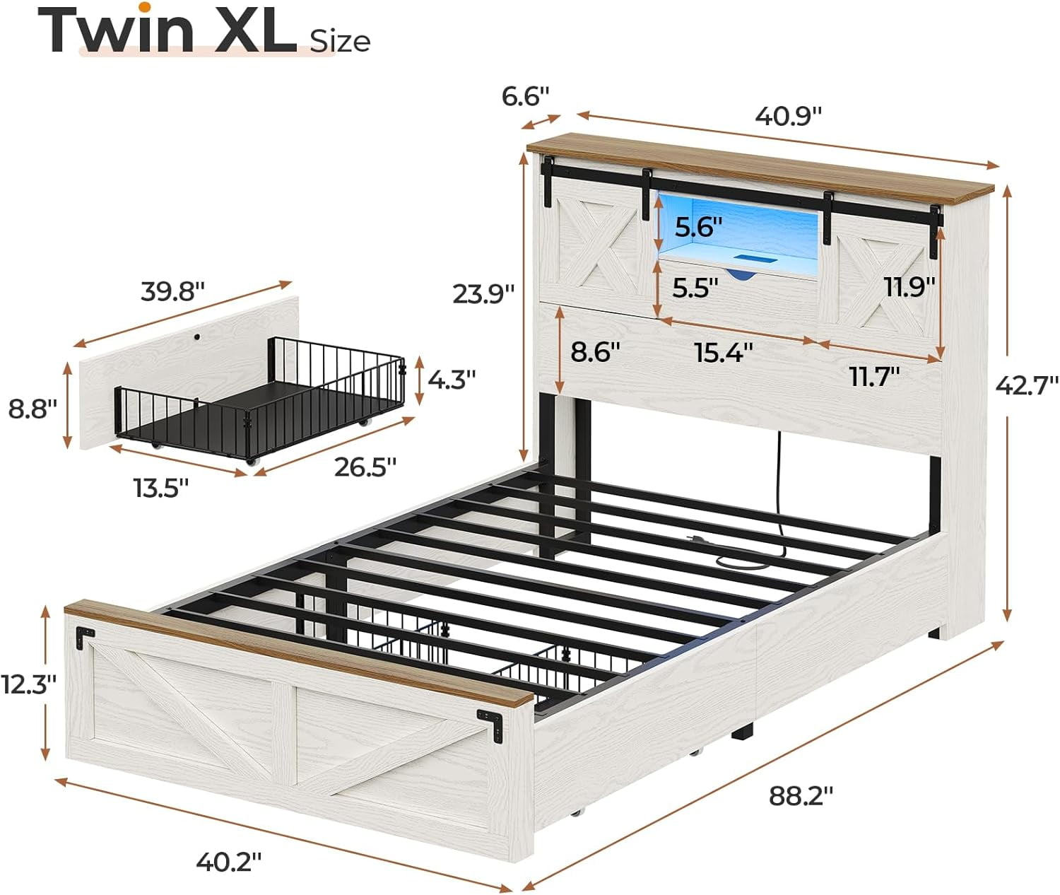 Farmhouse Twin XL Size Bed Frame with LED Lights, Charging Station, Wooden Twin XL Bed with Storage Bookcase Headboard, 2 Drawers, Country Rustic Bed Frame with Sliding Barn Door,White