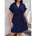 thumbnail image 5 of Navy Blue Plus Size Knot Side Wrap Shirt Dress With Collared V-Neck And Short Sleeves, 5 of 5