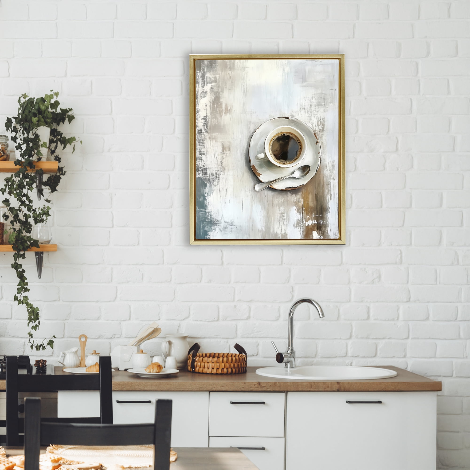 Stupell Industries Neutral & Rustic Cup of Coffee Gold Framed Floater Canvas Wall Art, design by LSR Design Studio