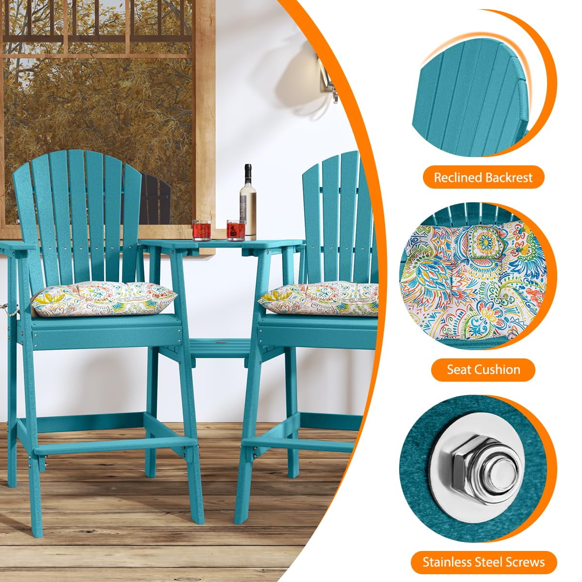 Tall Adirondack Chairs Set of 2 with Table, Patio HDPE Bar Set, 3 PCS Counter Height Dining Bistro Set, Pub Table with Stools, 2 Umbrella Hole Caps, Teal