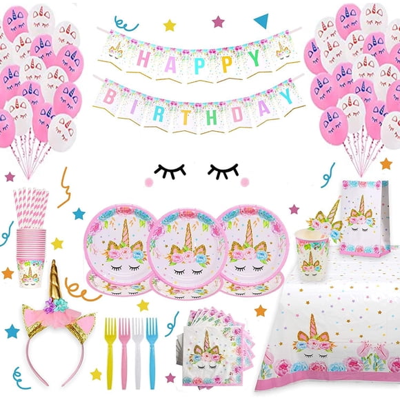 Fournitures de Fête d'Anniversaire pour Filles Incluant Assiettes Gobelets Pailles Couvre-Table pour Fête d'Anniversaire Rose pour Servir 16 Invités