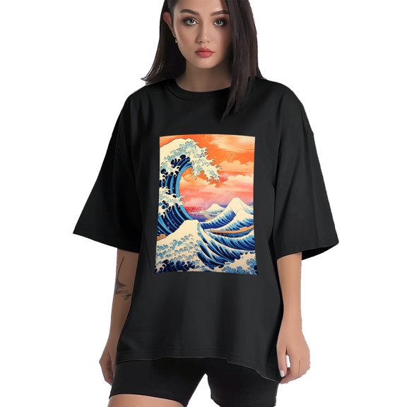 Plus Size Shirt for Women Black Tops for Women Short Sleeves Shirt for Women Wave T Shirt Crewneck Shirt for Women XS