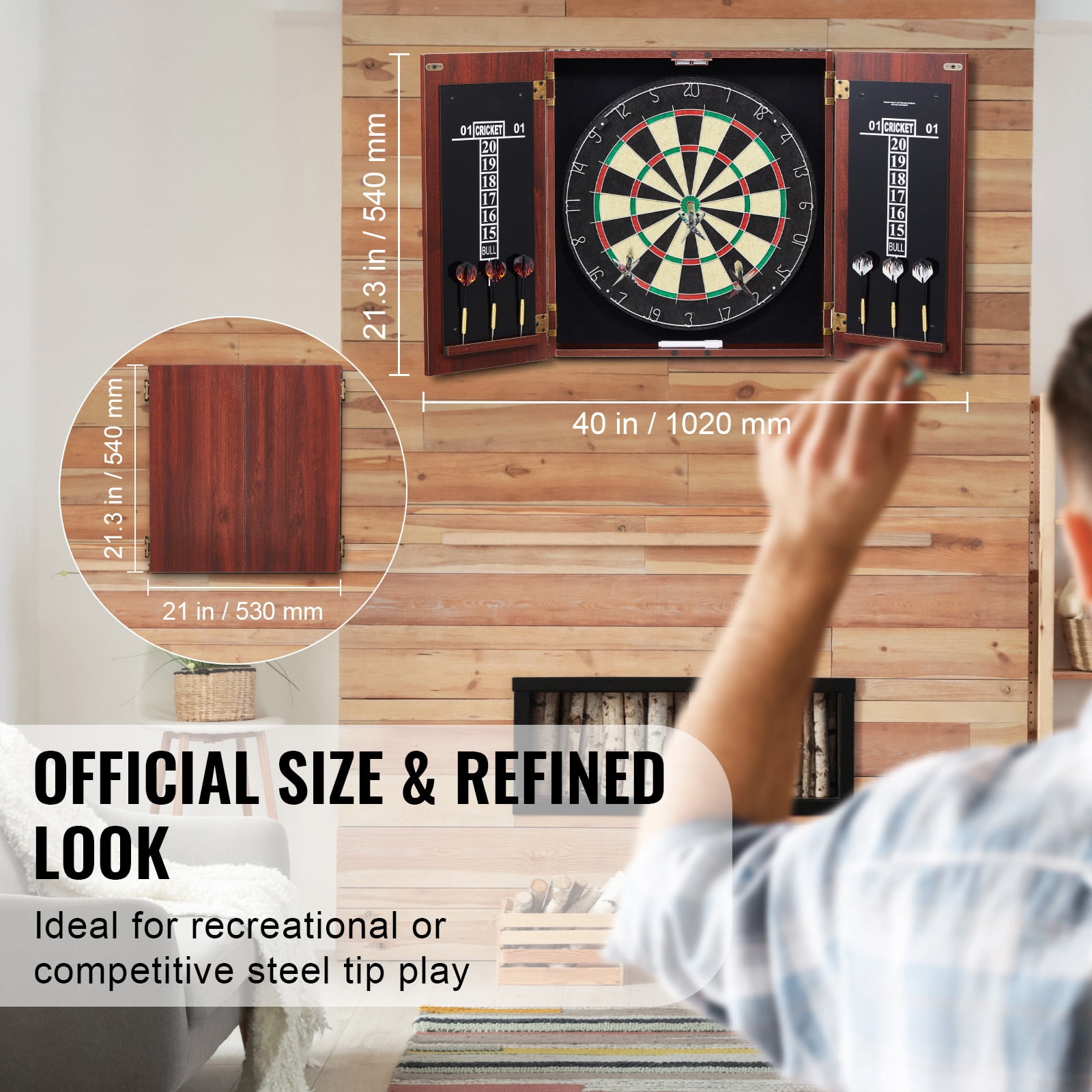 KFFKFF Dartboard with Cabinet Kit, Official Size Dartboard Cabinet Set, Steel Point Dart Concealment Cabinet, Simple Assembly, Comes with All Necessary Equipment, Ideal for Cricket Matches