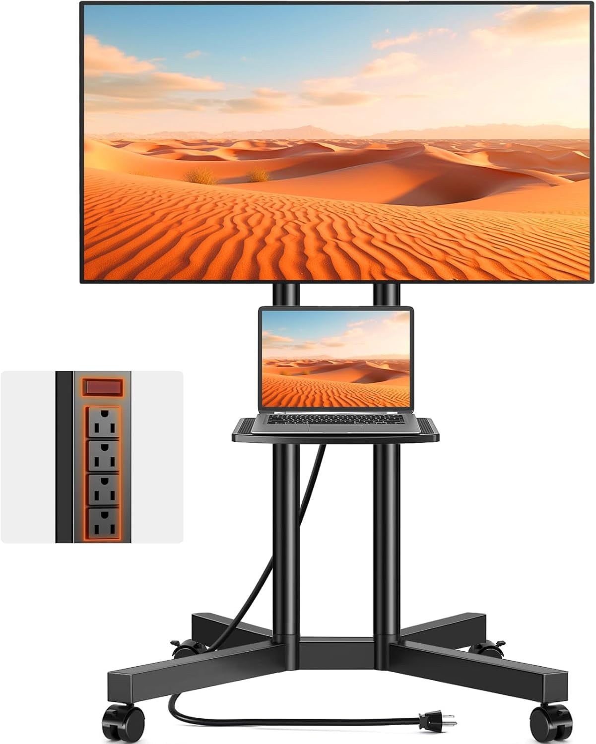 Portable Rolling TV Stand with Power Outlet for 32–75 Inch TVs, Height Adjustable Mobile TV Cart on Wheels, Fits Flat & Curved LCD, LED, OLED Screens, Supports up to 88 lbs, VESA 400x400
