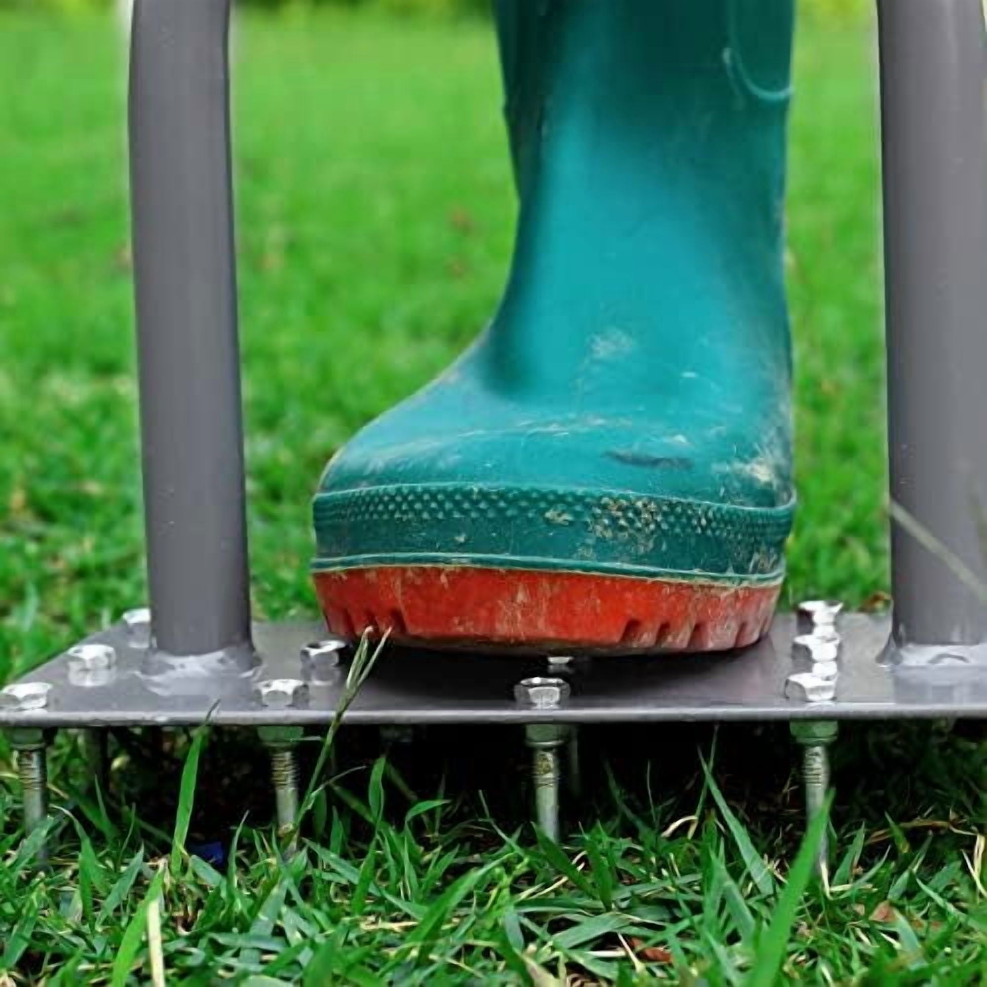 Manual Lawn Aerator with 15 Iron Spikes, Pre-Assembled Dethatching and Soil Aeration Tool for Yard and Garden, Revives Lawn Health, Patented Grass Plug Aerator