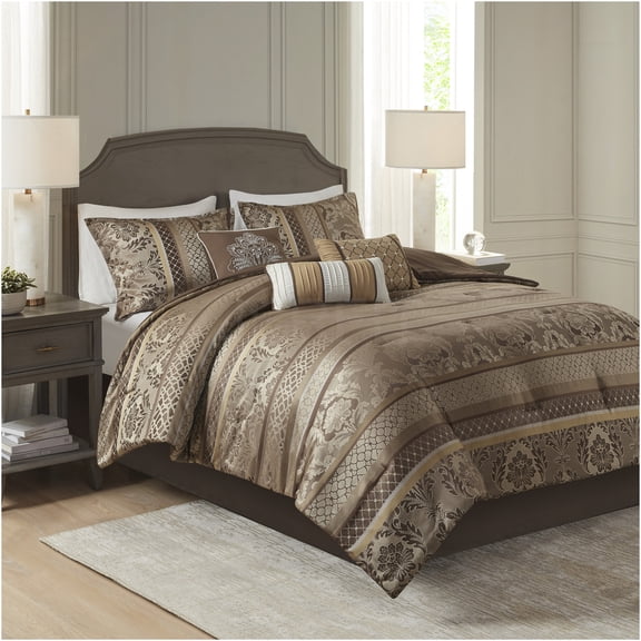 JERFIT King Size Comforter Set 7-Piece Brown Gold Jacquard Bedding Set with Pillows and Bedskirt