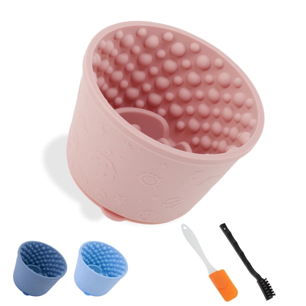 Tazones Lentos para Perros Unique Bargains, Tazón de Lamido de Silicona con Cepillo y Raspador, Base Antideslizante, Comedero Lento para Aliviar la Ansiedad y la Salud Oral, Púrpura Rosado