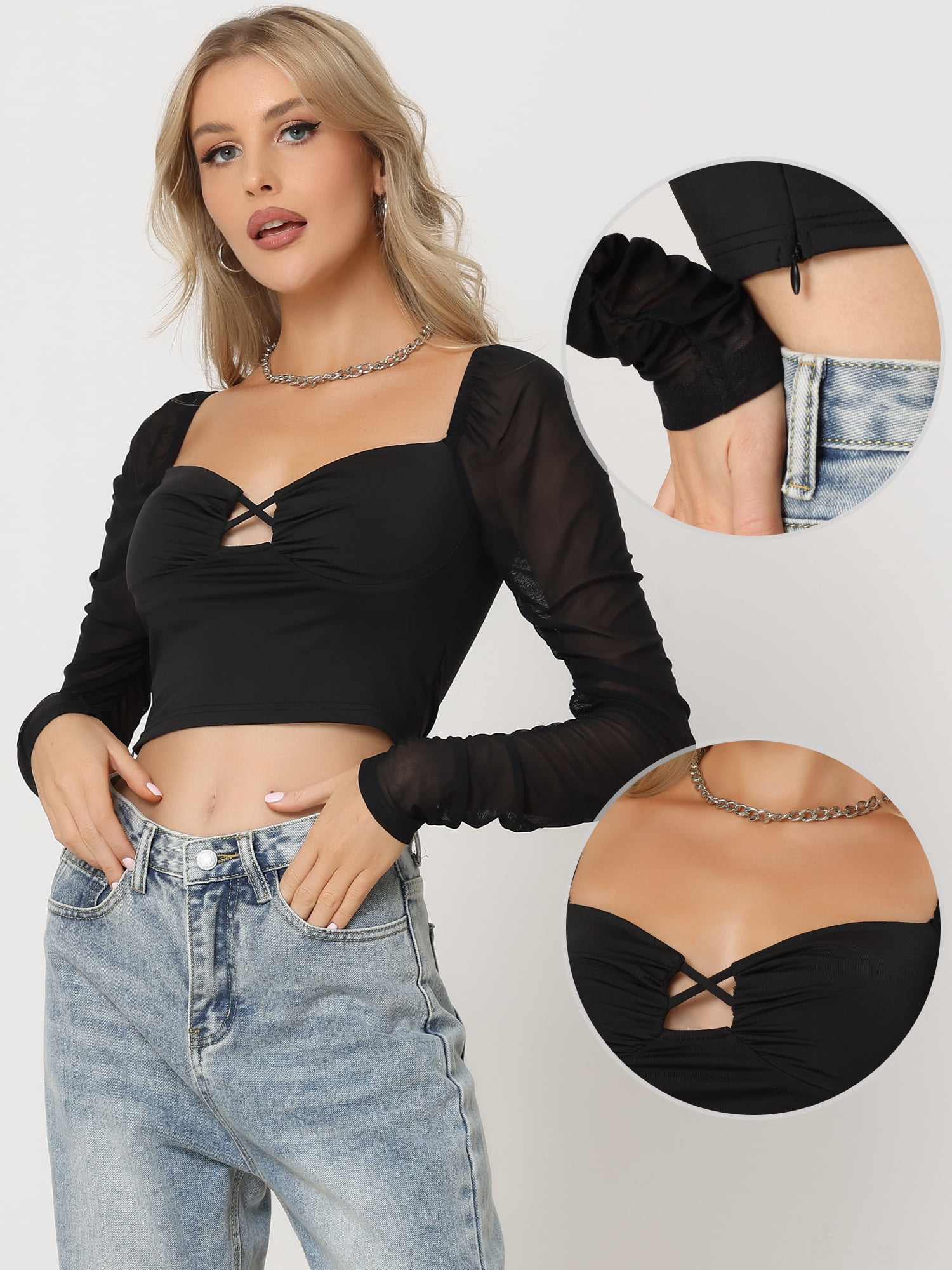 Unique Bargains Women's Sweetheart Neck Mesh Sleeve Clubwear Bustier Corset Top M Black