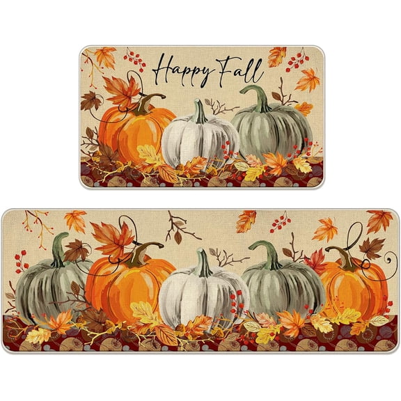 Happy Fall Pumpkin Patch Kitchen Rugs Set of 2, Autumn Maple Leaves Kitchen Mats Decor, Thanksgiving Farmhouse Floor Door Mat Home Decorations - 17x29 and 17x47 Inch