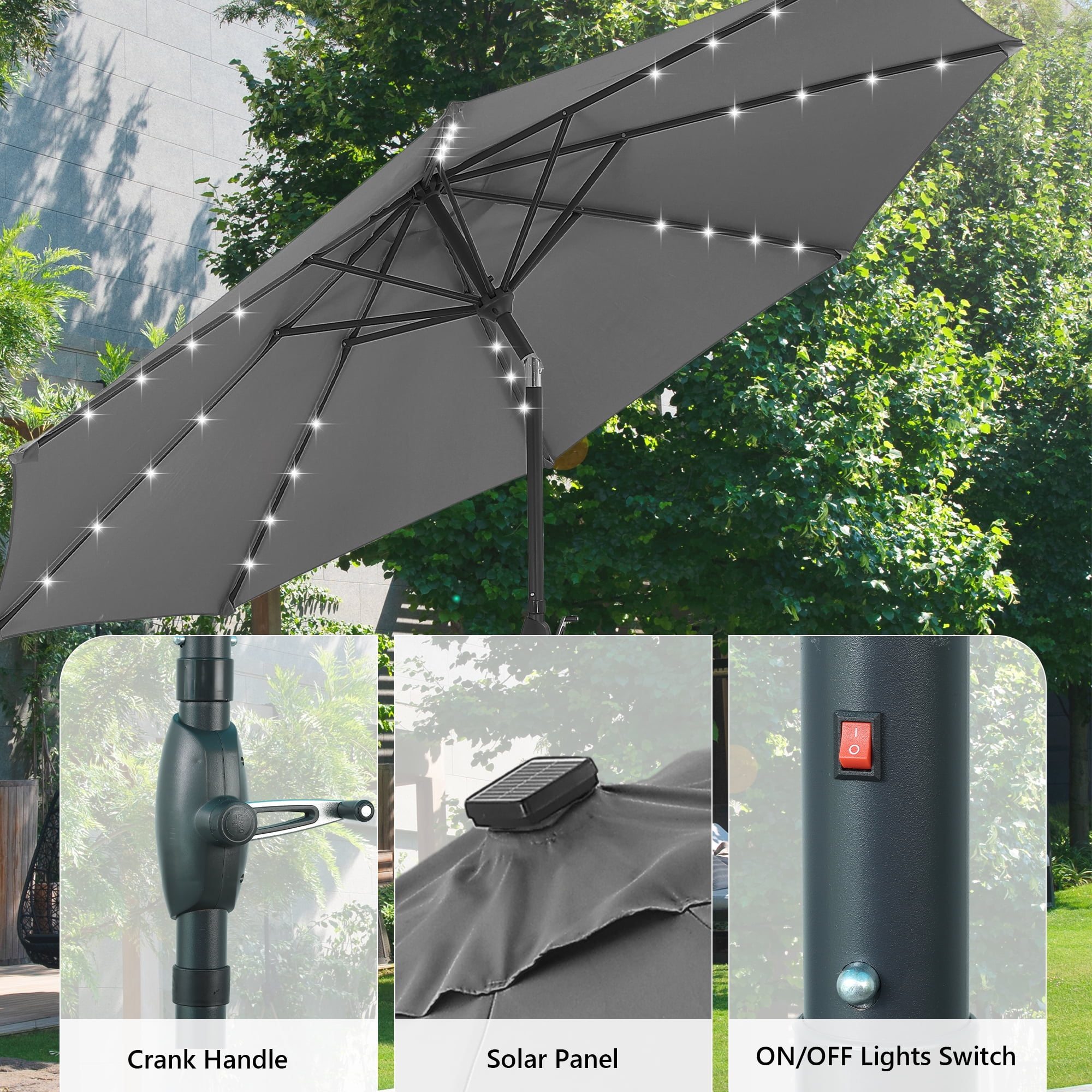 Autlaycil 10 FT Patio Umbrella with Base, Steel Tilt and Crank, Includes 32 Solar LED Lights, Grey