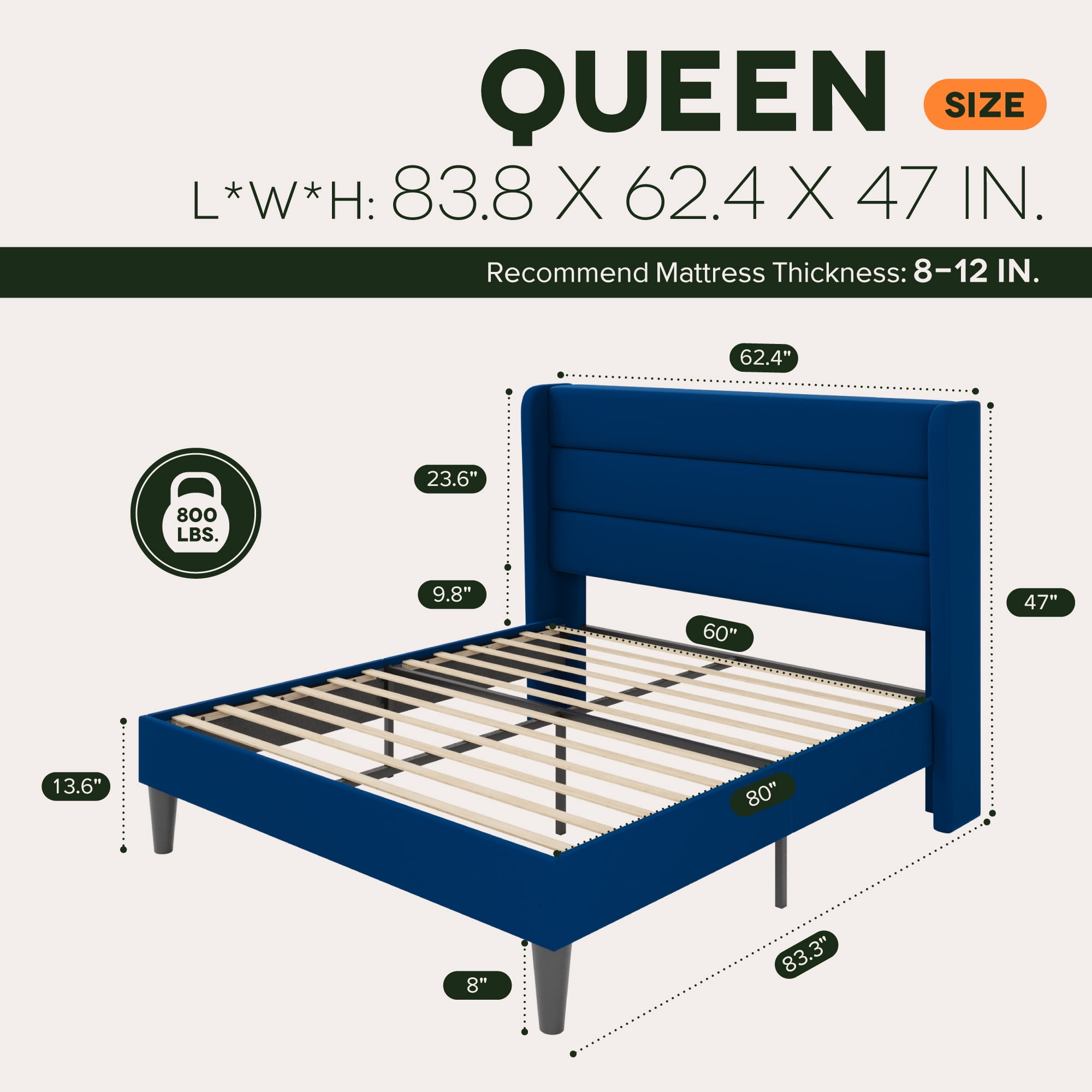 Einfach Queen Size Luxury Velvet Upholstered Platform Bed Frame with Wingback Headboard, Dark Blue