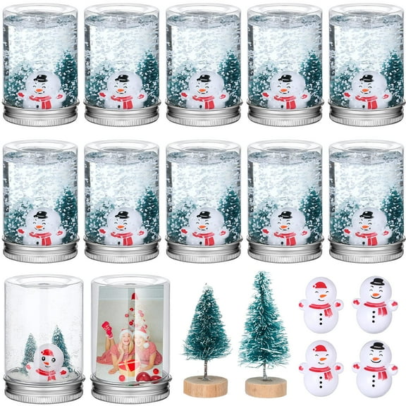 Jerify 12 Set Christmas Plastic DIY Snow Globes for Craft Adult Includes 12 Clear Snow Globe 3.1", 24 Mini Pine Tree with Base, 12 Miniature Snowman and Fake Snow for Table Home Xmas Decorations C111