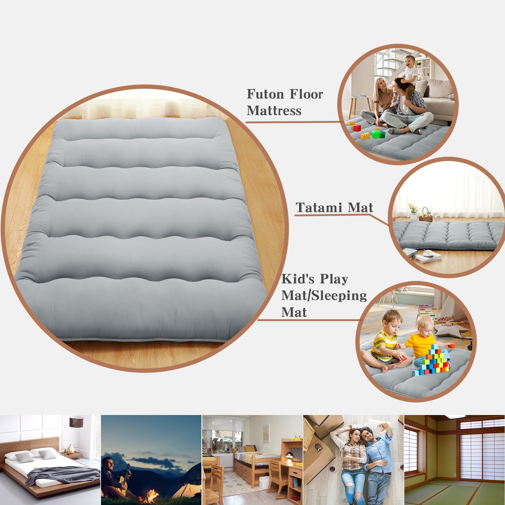 Japanese Futon Floor Mattress Twin/Full Size Sleeping Mat, Tatami Mat, Portable & Foldable Roll Up Camping Mattress Pad for Sofa Lounger, Light Gray, Twin