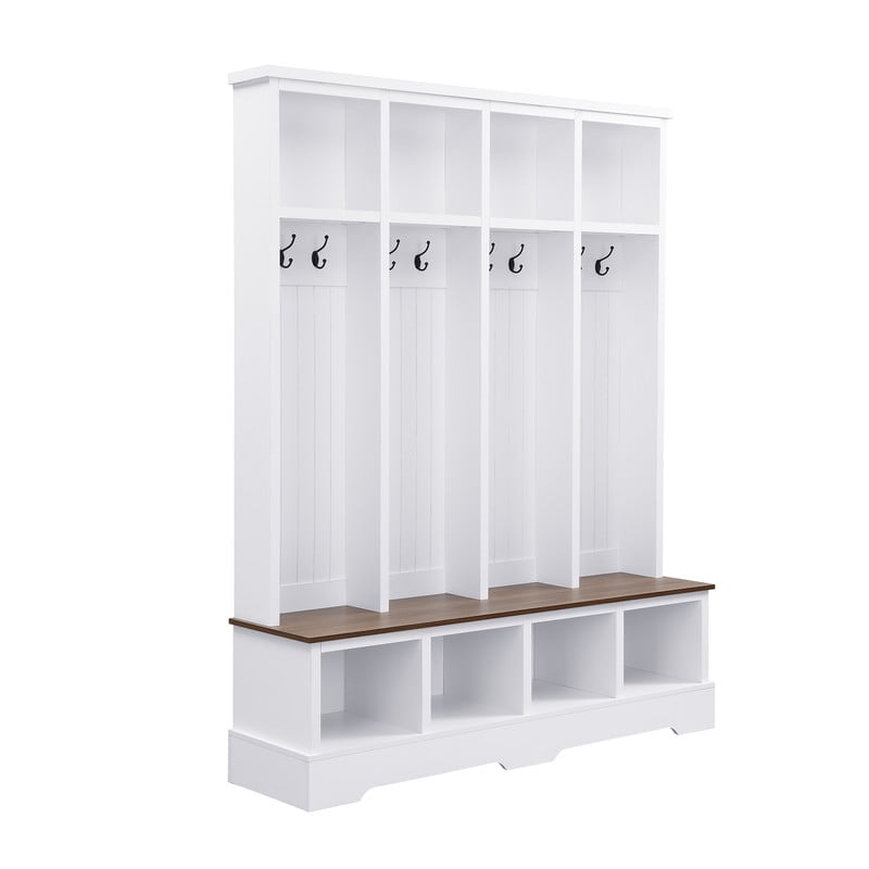 Farmhouse Hall Tree with Bench and 8 Hooks, 76.7" Entryway Coat Rack with Shoe Storage Compartments, 3-in-1 Mudroom Organizer, Hall Tree Bench for Entryway, Living Room