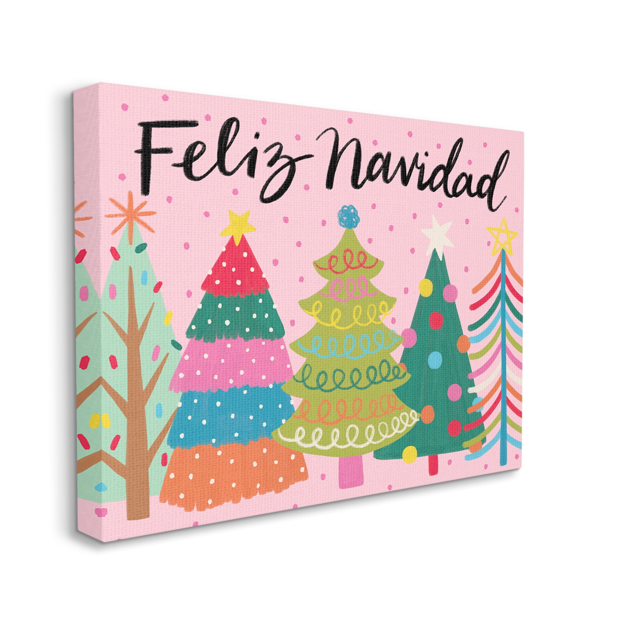 Feliz Navidad Whimsical Patterned Christmas Trees Ornaments Botanical & Floral Graphic Art Gallery-Wrapped Canvas Print Wall Art
