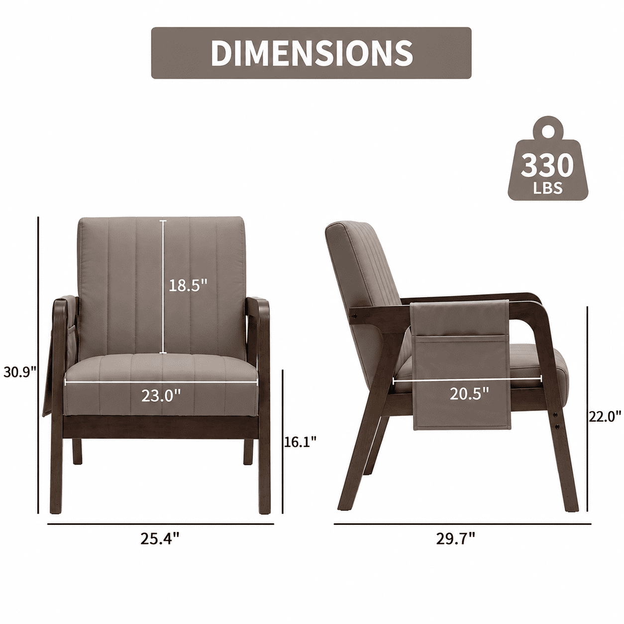 MOONMISS PU Leather Accent Chair,Mid-Century Modern Wood Frame Arm Chair with Side Pocket Cushioned Sofa,Brown