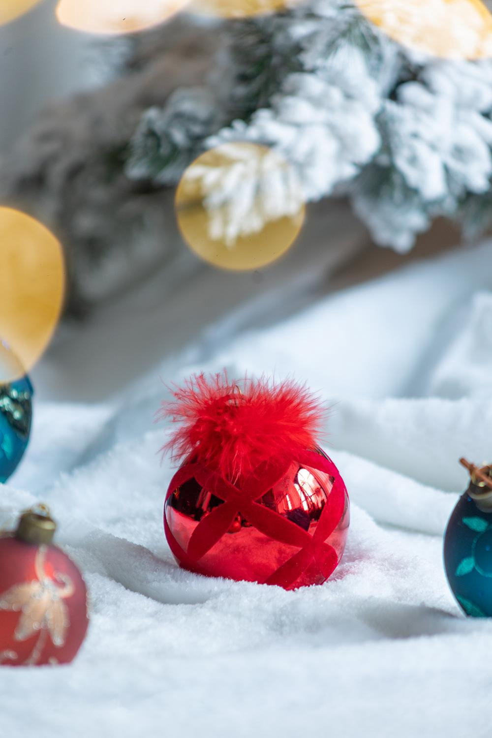 Set of 6 Glass Christmas Ball Ornaments with Flocking Feather and Painting Design by Riccardo Tree Decor