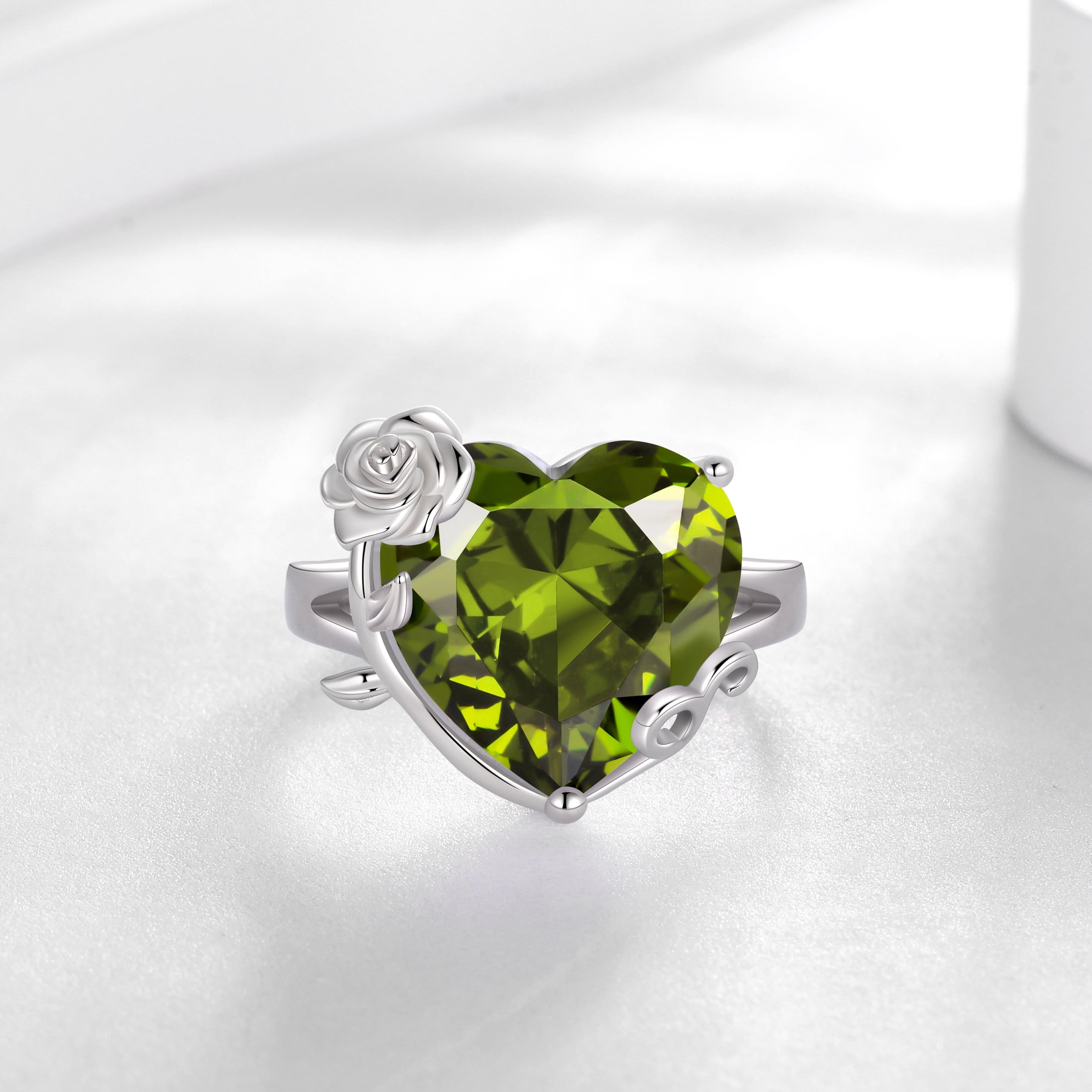 Juwaliy 9Ct Women Heart Ring 925 Sterling Silver Rose Flower August Birthstone Peridot Solitaire Ring Jewelry Mom Christmas Birthday Gift