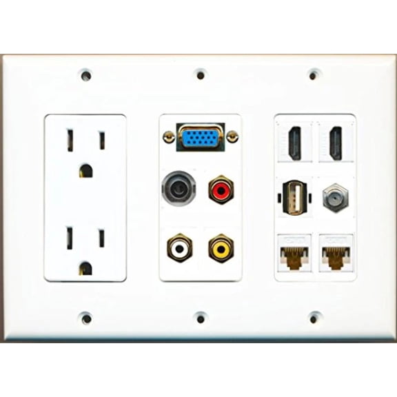 RiteAV 2 Hdmi 2 Cat6 3.5mm RCA Composite Coax USB-A SVGA Power Outlet Wall Plate - White