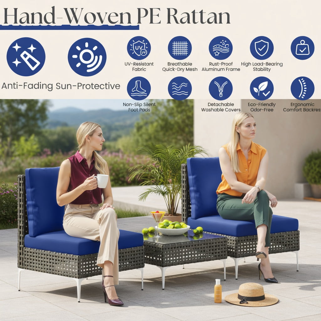 Hommoo 3-Piece PE Rattan Outdoor Conversation Set with Tempered Glass Coffee Table, Patio, Porch & Balcony Seating, Navy