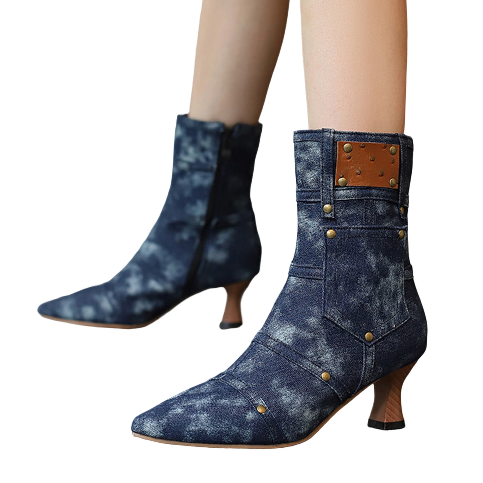 PEASKJP Women s Ankle Booties Low Mid Block Heel Side Zipper Ankle High Boots Booties Shoes Dark Blue 40