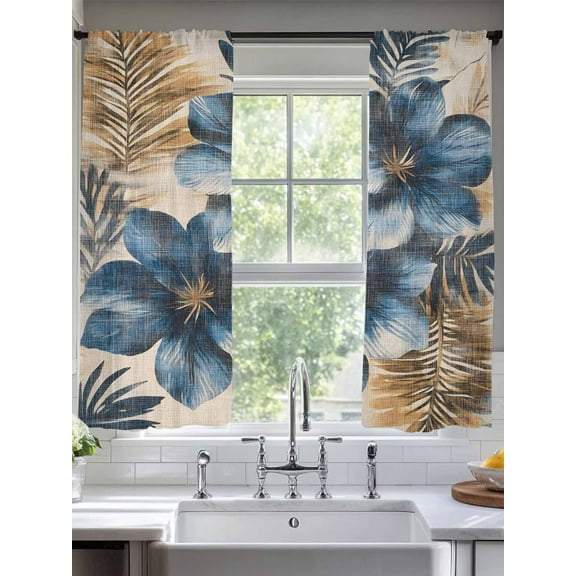 Vintage Blue Flower Sheer Curtains 63 Inches Long 2 Panels Tropical Plants Blue Brown Linen Texture Light Filtering Semi Sheer Window Curtains Drapes for Bedroom Living Room 52"x63"