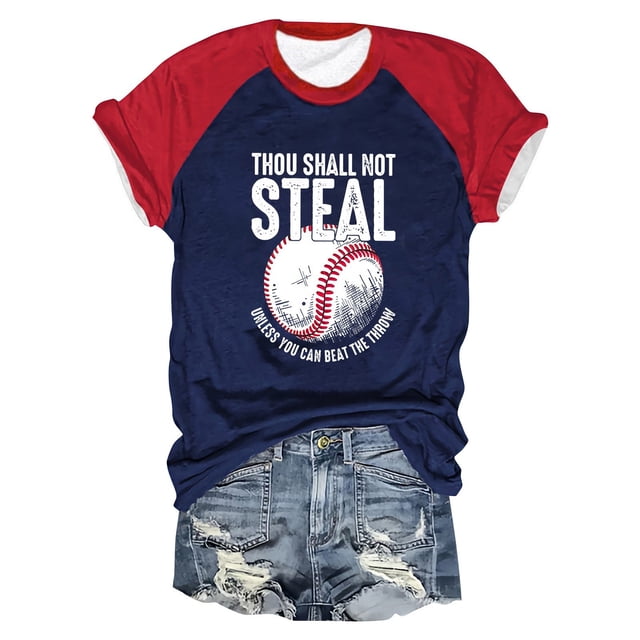 T-Shirts Femmes avec Slogans T-Shirt de Baseball à Manches Courtes Col Rond Imprimé Lettres Raglan Color Block - Hontri