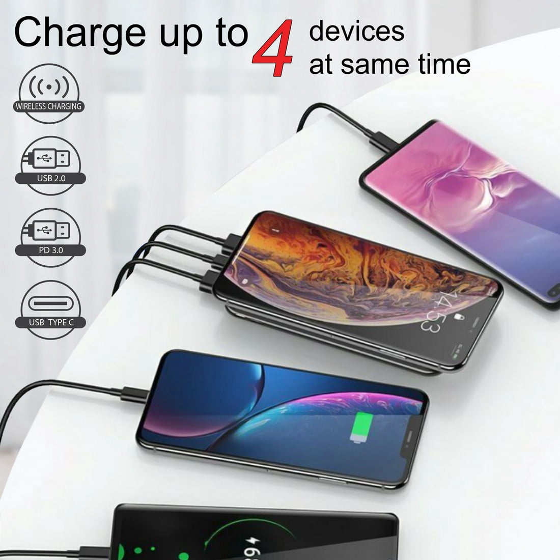 Wireless Charger [SUCTION CUP GRIPS] Portable Power Bank [12000mAh Battery] USB 2.0/Type-C/QC Fast Charge 3.0 with 18W PD Universal for Cell Phone, iPhone 11 Pro Max, XR, Xs, Galaxy Note 9, S10, etc