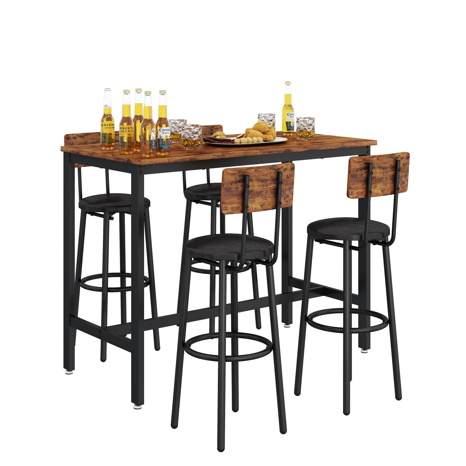 Kadyn 5 PCS Dining Table Set, Bar Table Set for 4 Bar Stools, Wood Pub Bar Table Set Perfect for Breakfast Nook, Small Space Living Room, Rustic Brown