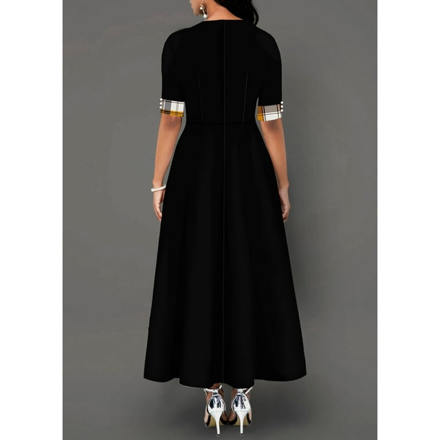 Robe d'Été Col Rond Manches Contrastées Robe Longue Irrégulière en Grande Quantité Noir 4TG