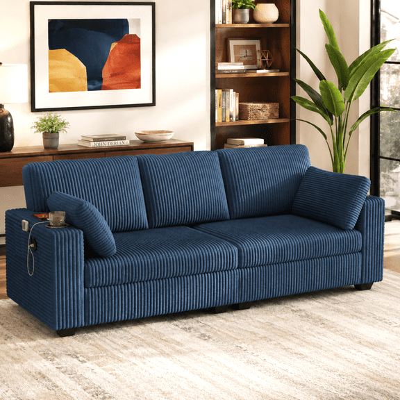 Rophefx 80" 3 Seater Sofa with USB Ports,Cup Holders, Corduroy Deep Seat Sofa Couch for Living Room Apartment Bedroom, Denim Blue