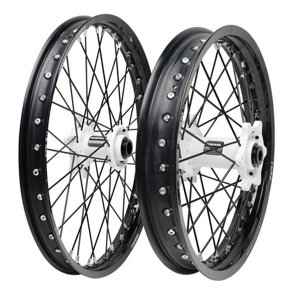 Tusk Impact Complete Front and Rear Wheel 1.60 x 21 / 2.15 x 18 Black Rim/Black Spoke/White Hub