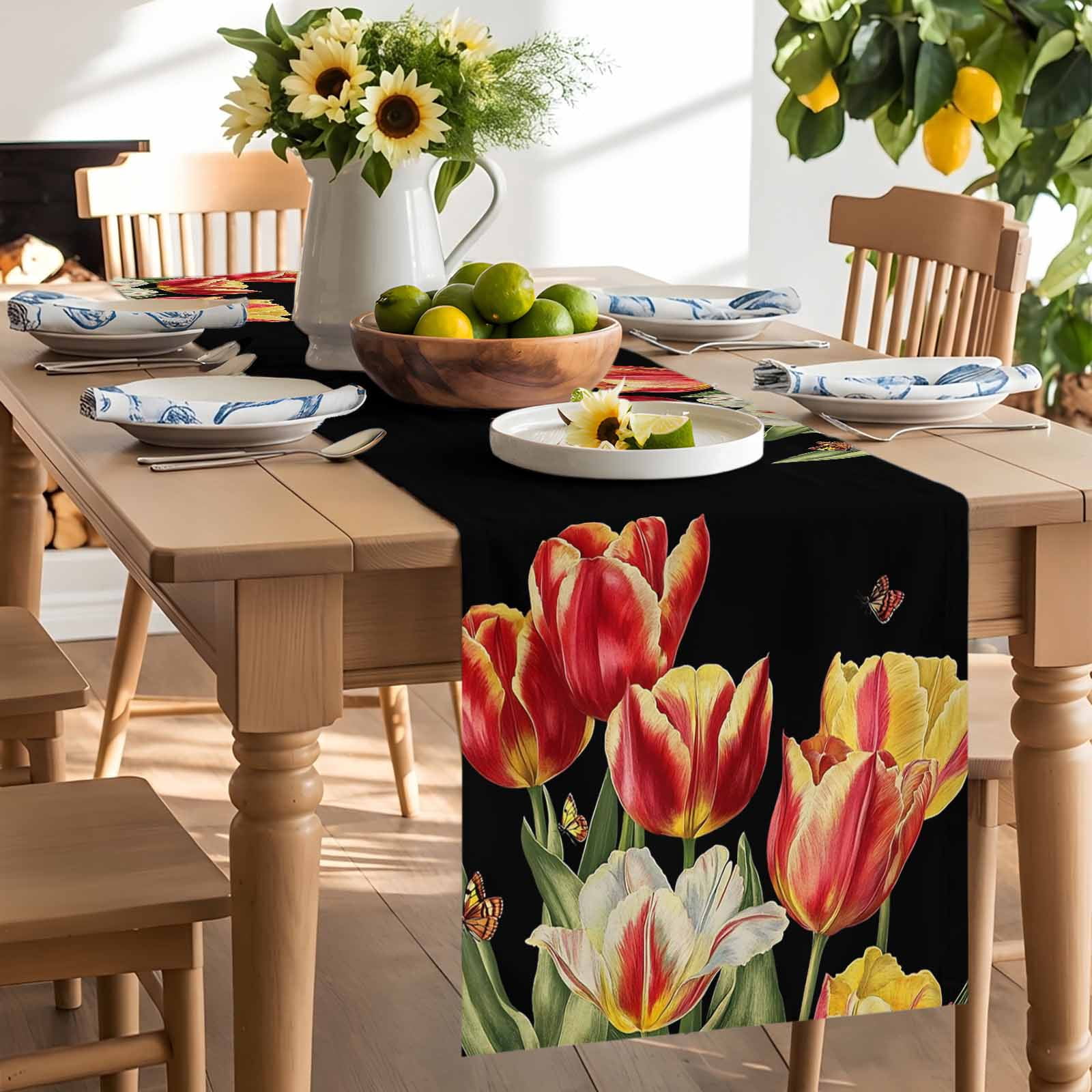 Colorful Tulip Flower on Black Table Runner 90 Inches Long, Watercolor Floral Butterfly Table Runners Tabletop Scarf Kitchen Dining Tables Decoration for Home Party Indoor Outdoor