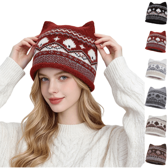 LRGSHF Women Cute Cat Ear Shaped Knit Hat, Vintage Cuffed Winter Hat Warm Ear Protection Pullover Cap